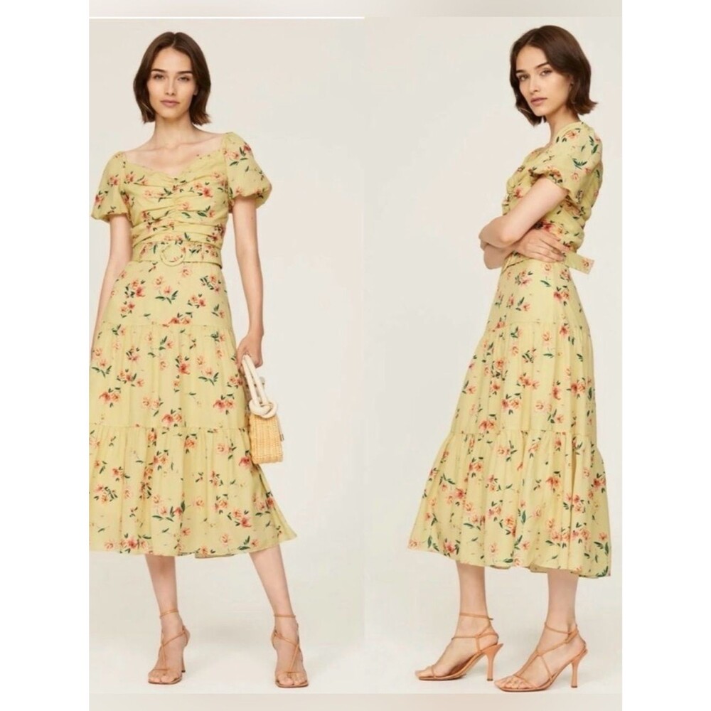 Women’s Paloma Blue Evie Yellow Flower Belt Dress with Puff Sleeves